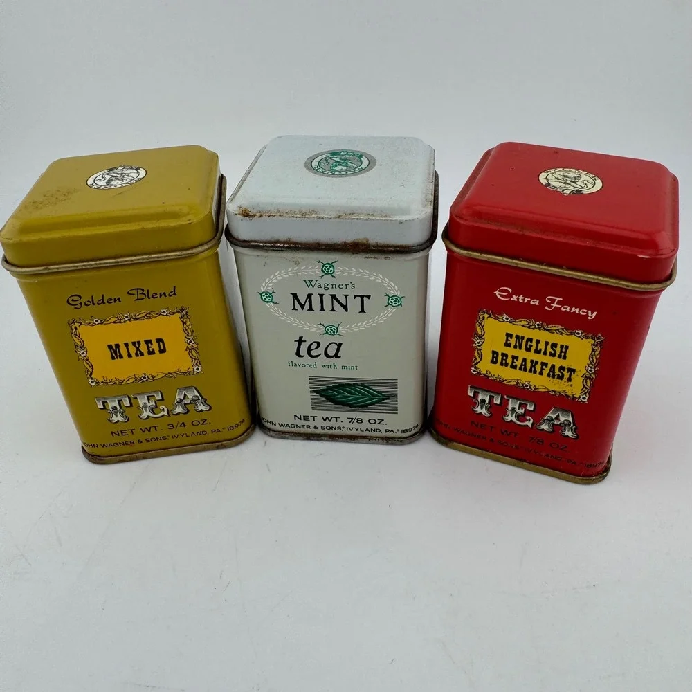John Wagner & Sons Vintage Tea Tin Set Small Red White Yellow Kitchen Decor